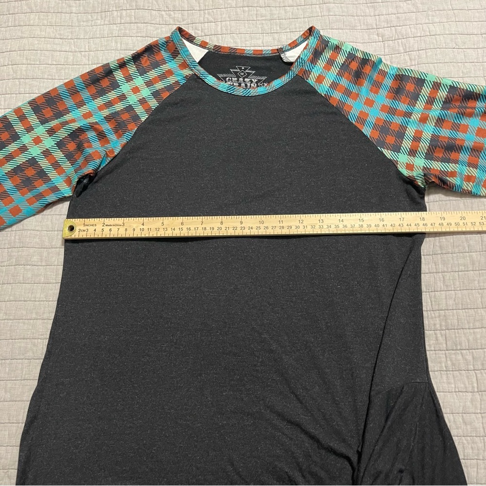 CRAZY TRAIN Black Multicolor Plaid 3/4 Sleeve Stretch Top Shirt Size M - Picture 3 of 5